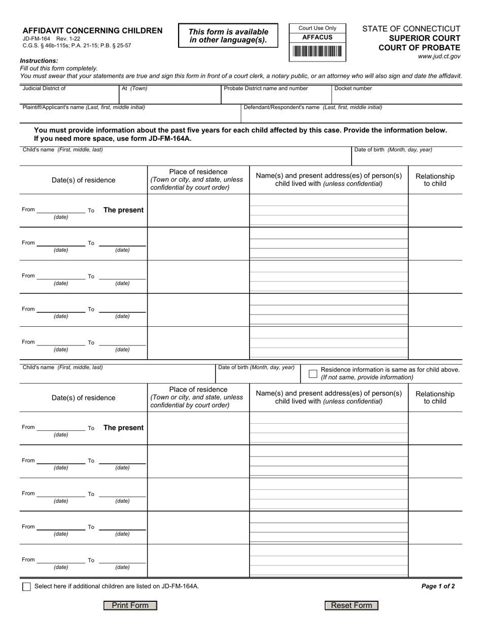 Form JDFM164 Download Fillable PDF or Fill Online Affidavit