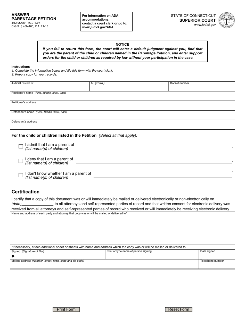 Form JD-FM-187 Answer - Parentage Petition - Connecticut, Page 1