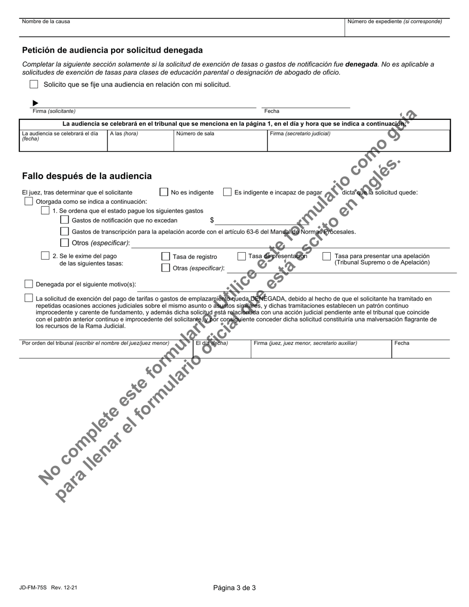Formulario JD-FM-75S Solicitud De Exencion De Pago De Tasas / Costas / Nombramiento De Abogado - Causas De Familia - Connecticut (Spanish), Page 3
