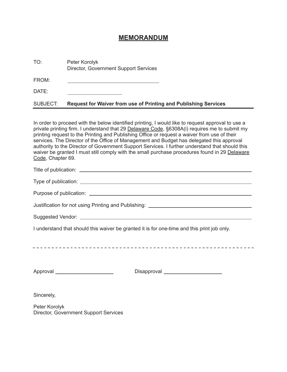 Request for Waiver From Use of Printing and Publishing Services - Delaware, Page 1