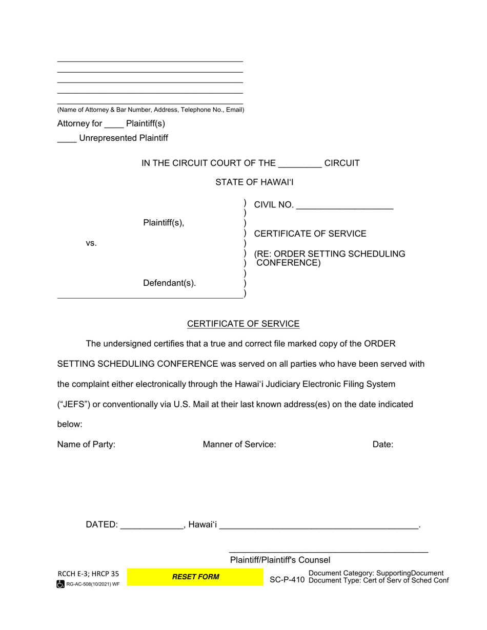 Form SC-P-410 Certificate of Service (Re: Order Setting Scheduling Conference) - Hawaii, Page 1