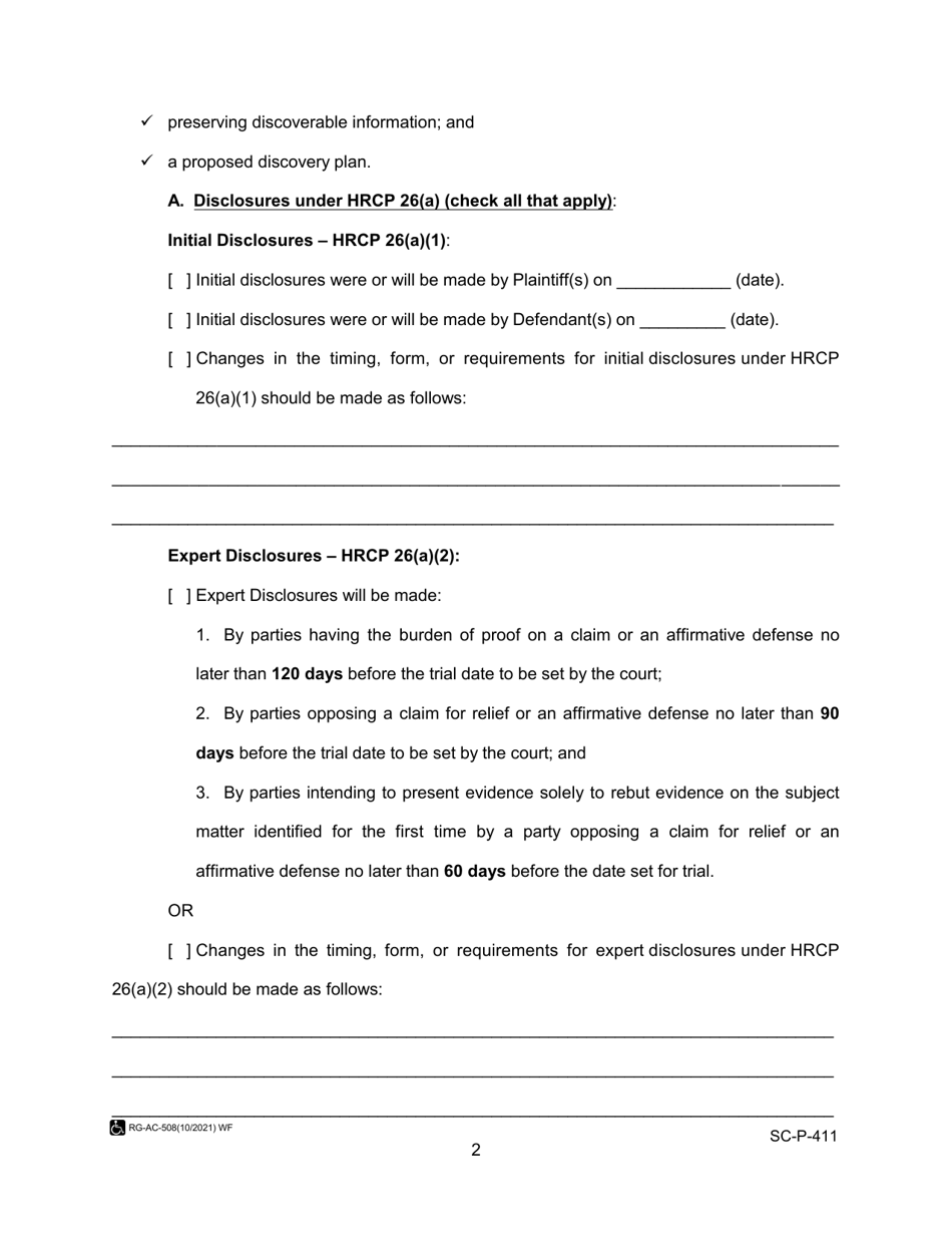 Form SC-P-411 Joint Report of the Parties - Hawaii, Page 2