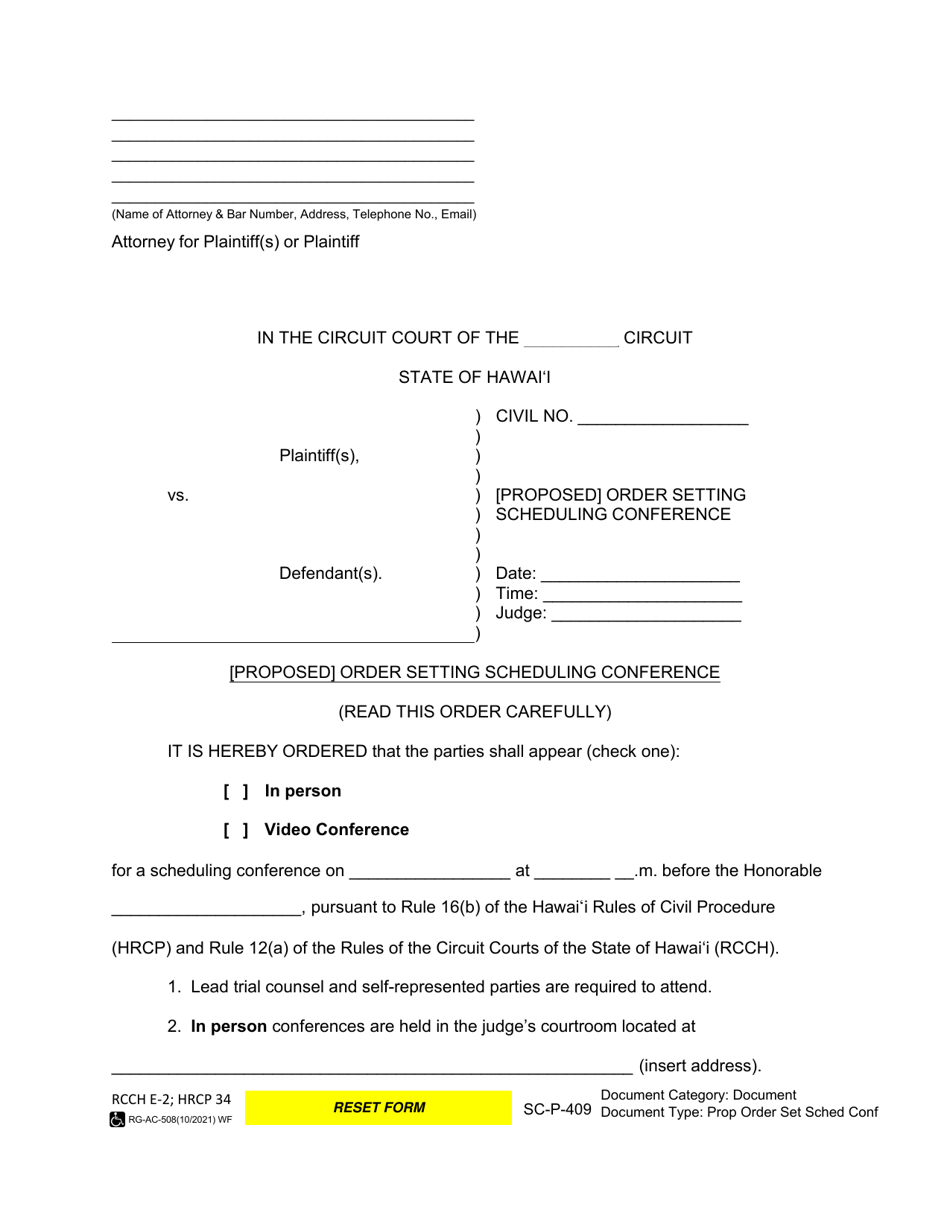 Form SC-P-409 [proposed] Order Setting Scheduling Conference - Hawaii, Page 1