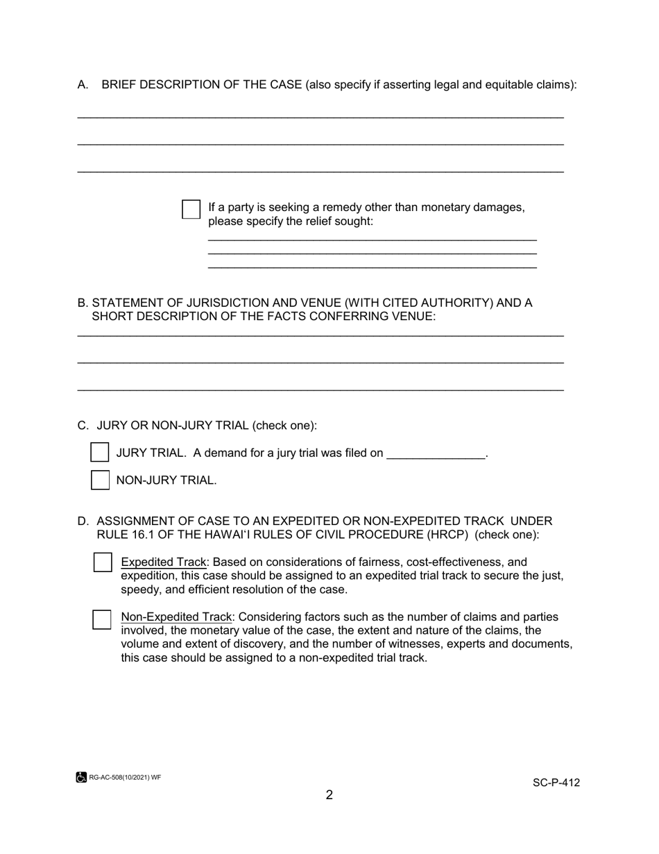 Form SC-P-412 Scheduling Conference Statement - Hawaii, Page 2
