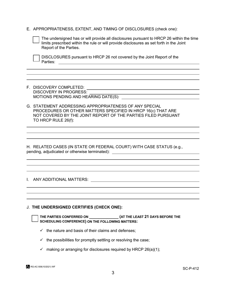 Form SC-P-412 Scheduling Conference Statement - Hawaii, Page 3