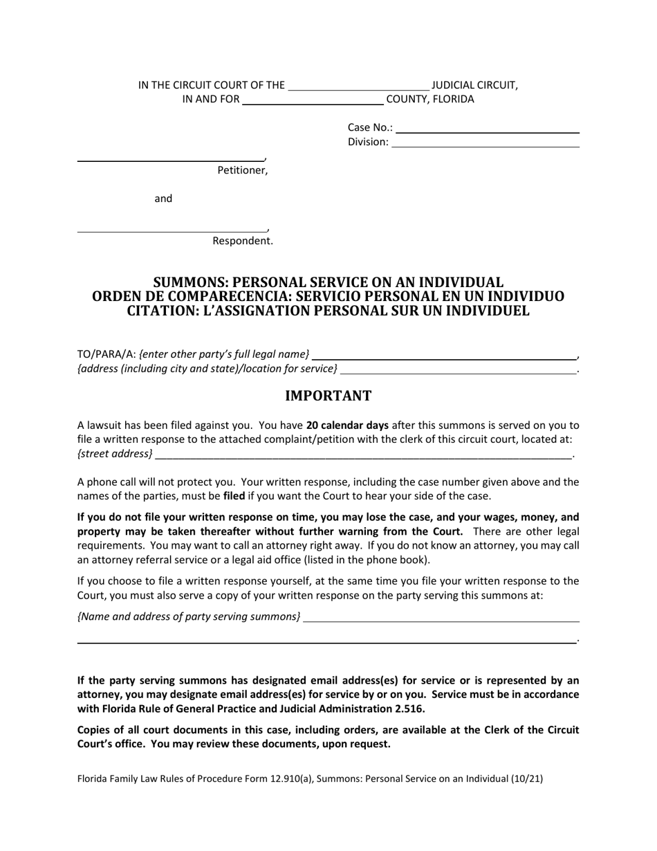 Form 12.910(A) Summons: Personal Service on an Individual - Florida (English / Spanish / French), Page 6