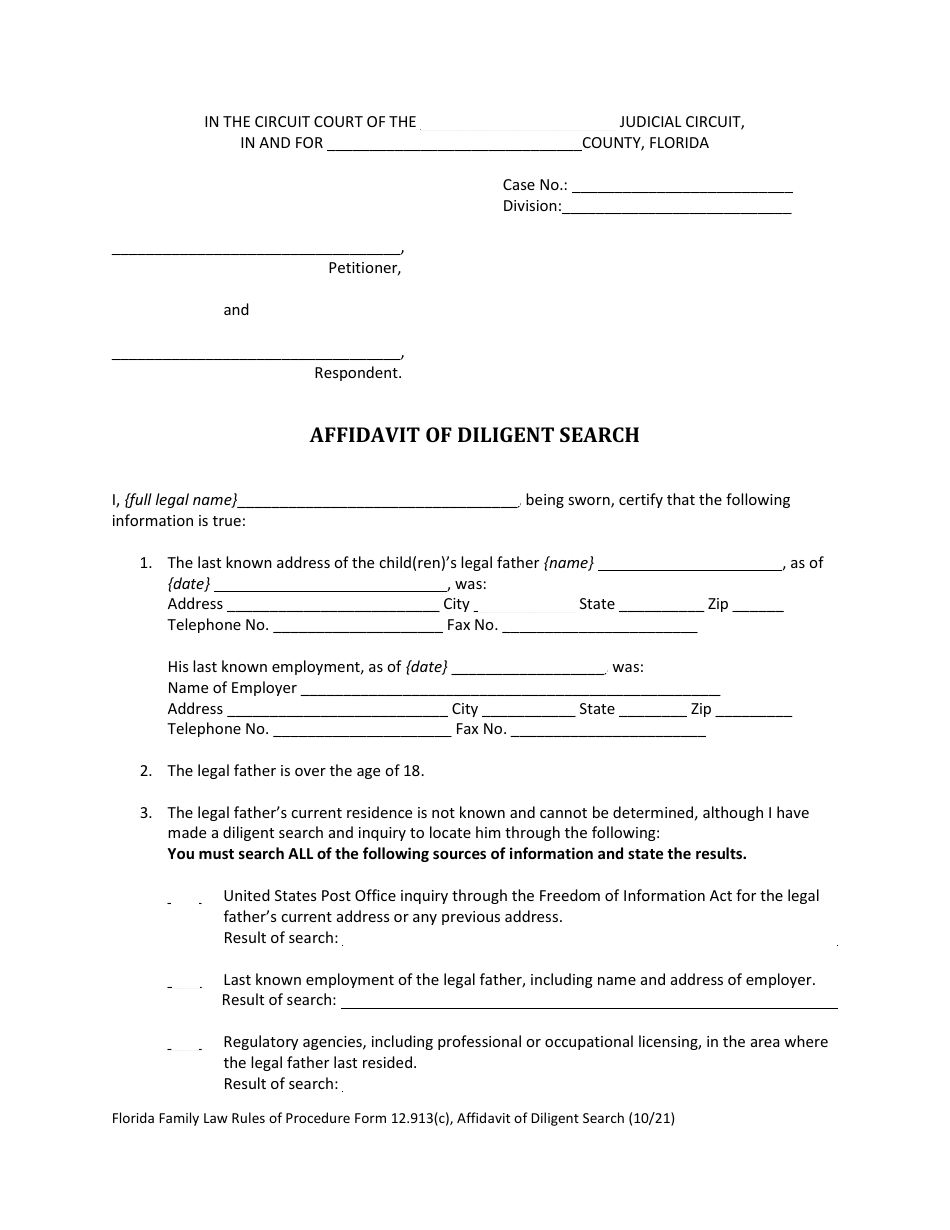 Form 12.913(C) Affidavit of Diligent Search - Florida, Page 3