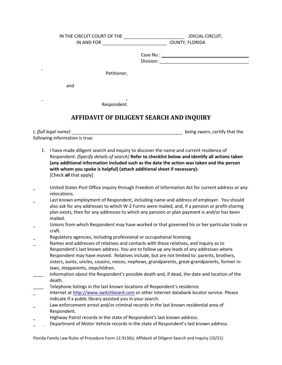 Form 12.913(B) Affidavit of Diligent Search and Inquiry - Florida, Page 3