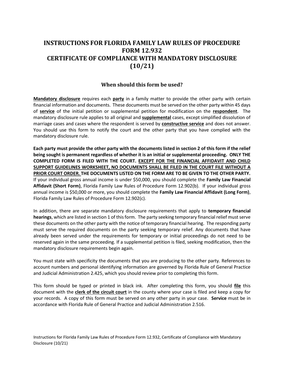 Form 12.932 Certificate of Compliance With Mandatory Disclosure - Florida, Page 1