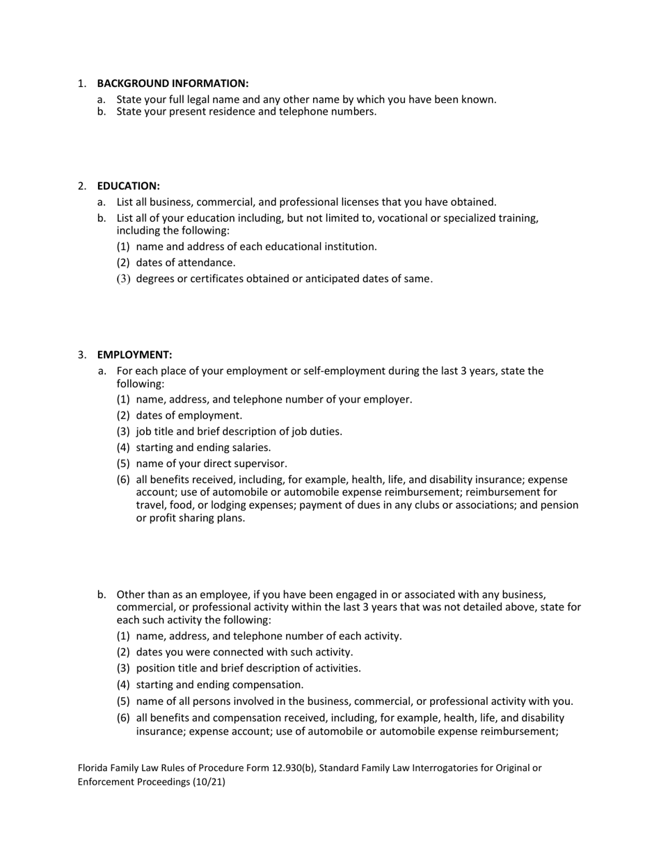 Form 12.930(B) Standard Family Law Interrogatories for Original or Enforcement Proceedings - Florida, Page 5