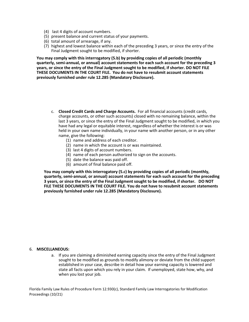 Form 12.930(C) Standard Family Law Interrogatories for Modification Proceedings - Florida, Page 10
