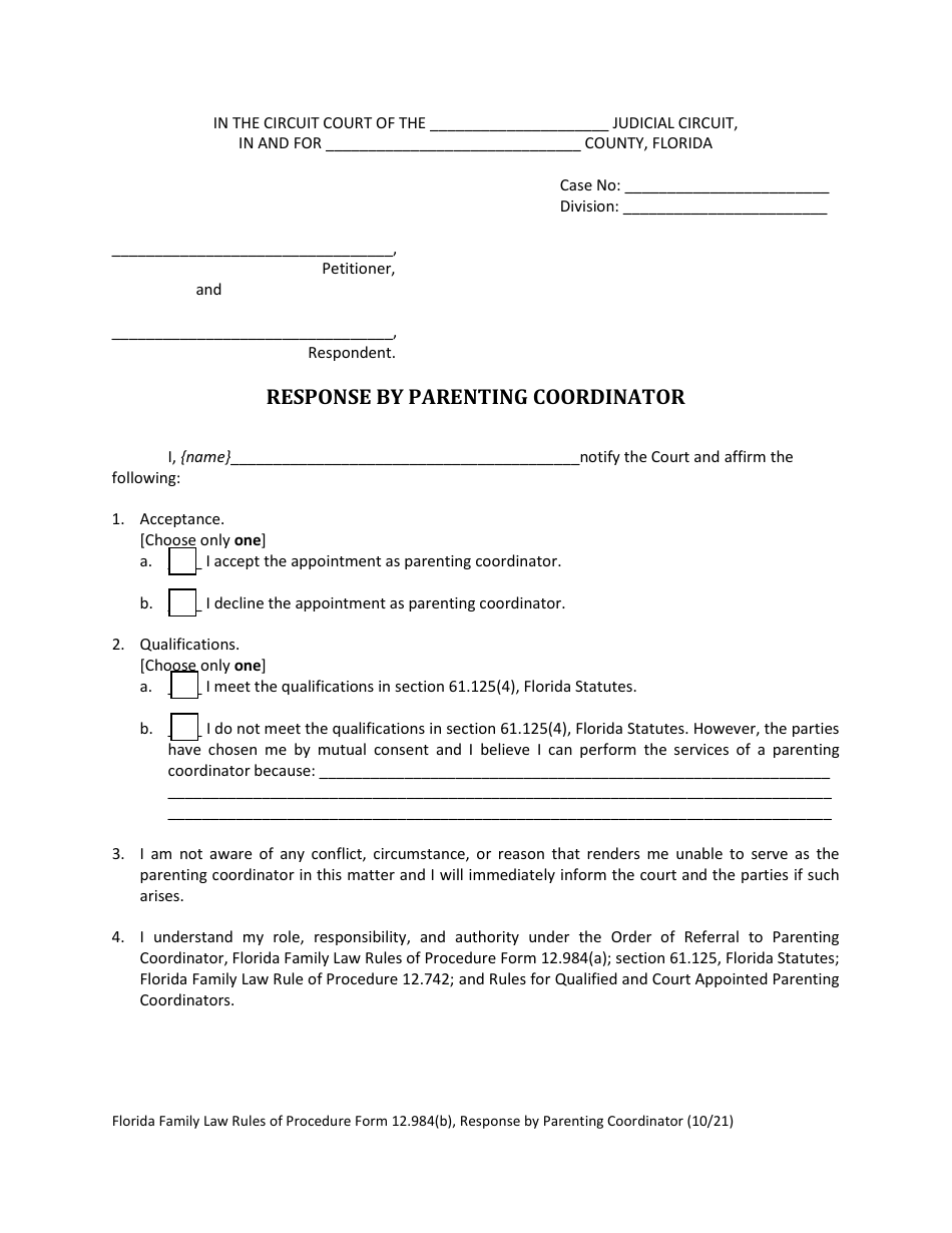 Form 12.984(B) Response by Parenting Coordinator - Florida, Page 4