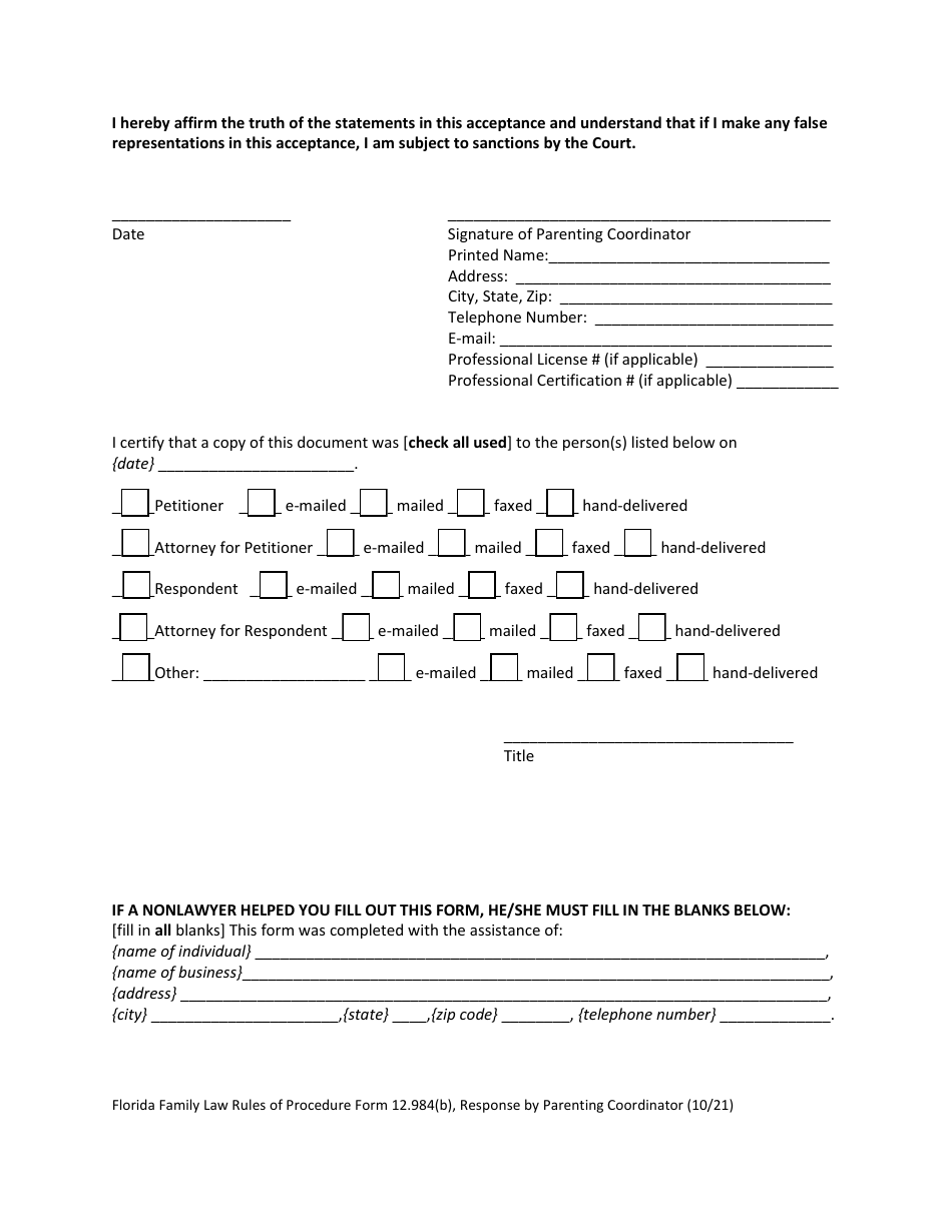 Form 12.984(B) Response by Parenting Coordinator - Florida, Page 5