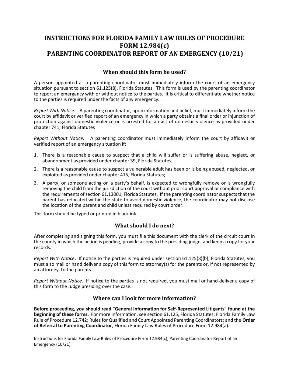 Form 12.984(C) Parenting Coordinator Report of an Emergency - Florida, Page 1