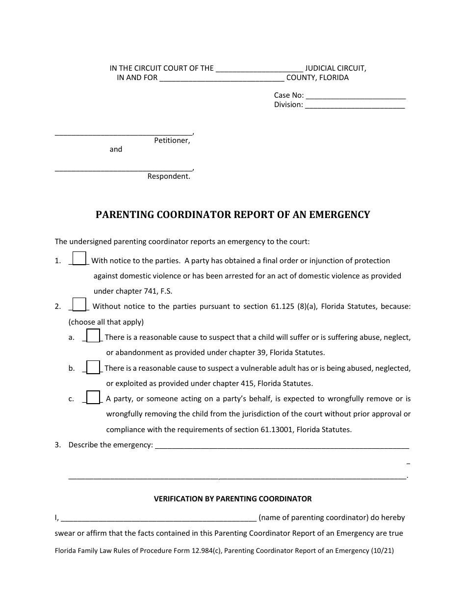 Form 12.984(C) Parenting Coordinator Report of an Emergency - Florida, Page 3