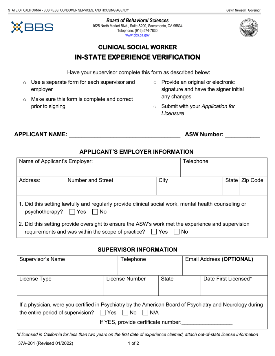 Form 37A-201 Clinical Social Worker in-State Experience Verification - California, Page 1