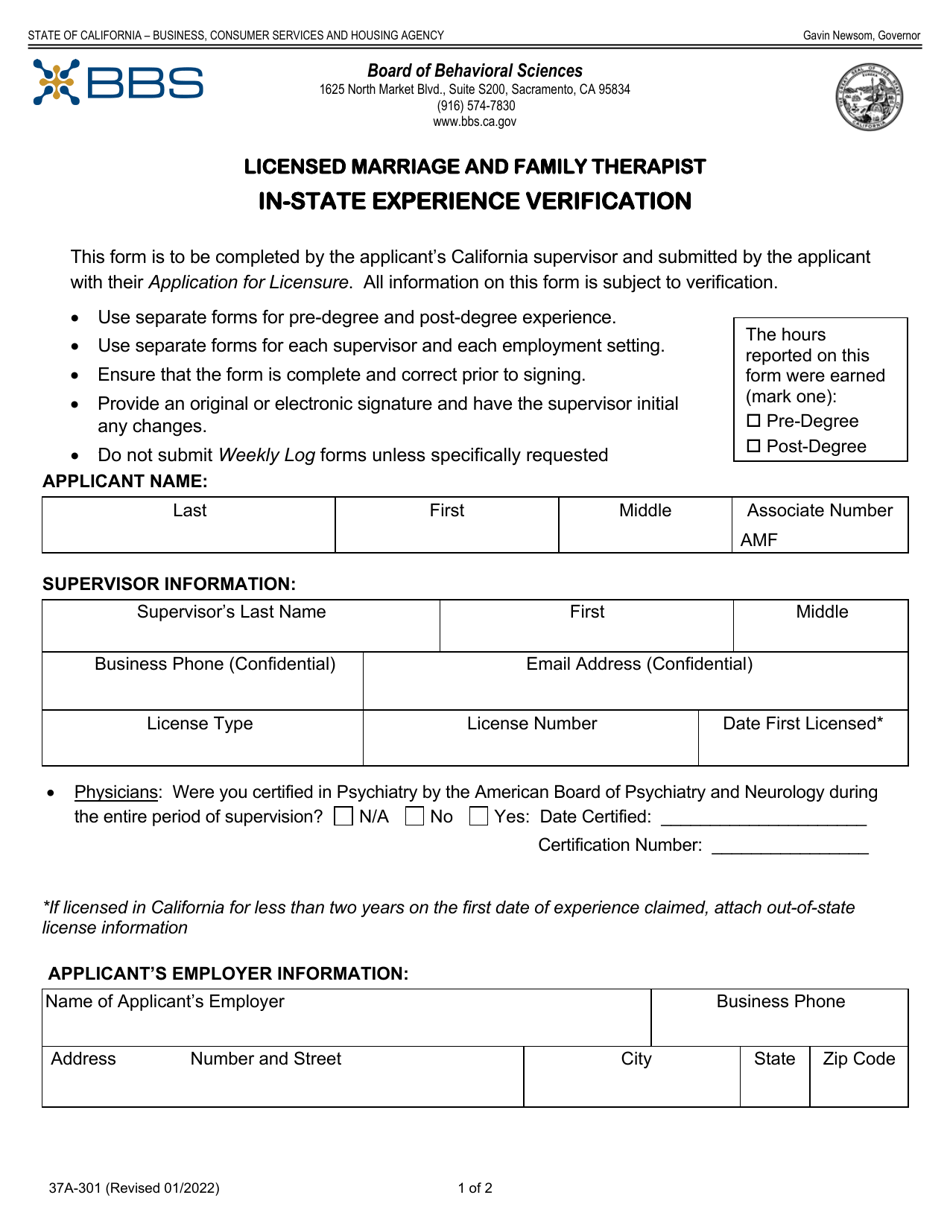 Form 37A-301 Licensed Marriage and Family Therapist in-State Experience Verification - California, Page 1