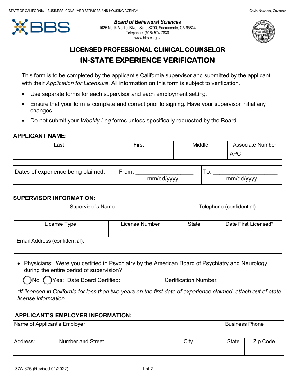 Form 37A-675 Licensed Professional Clinical Counselor in-State Experience Verification - California, Page 1