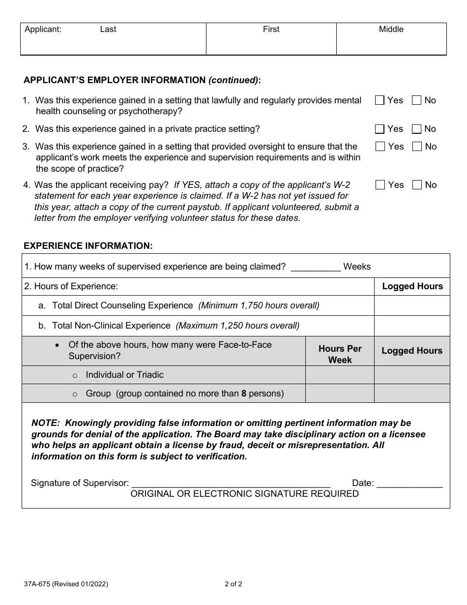 Form 37A-675 Licensed Professional Clinical Counselor in-State Experience Verification - California, Page 2