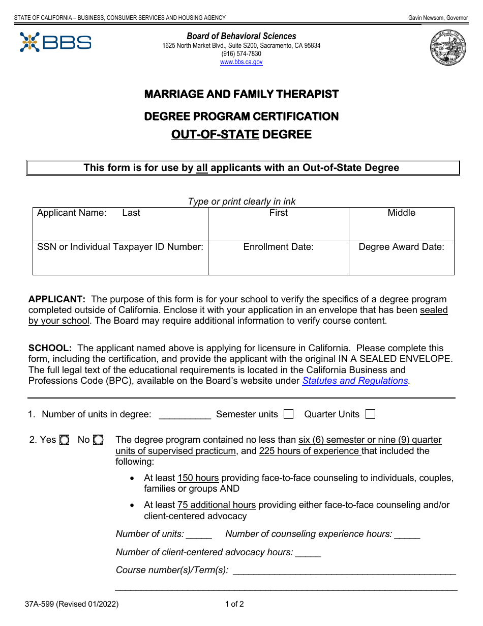 Form 37A-599 Marriage and Family Therapist Degree Program Certification - Out-of-State Degree - California, Page 1