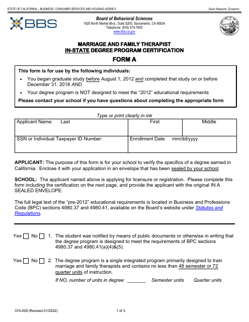 Form A (37A-600)  Printable Pdf