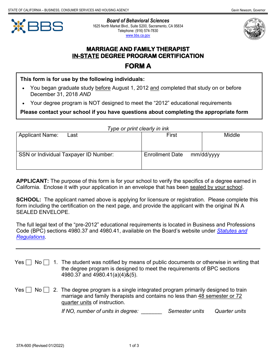 Form A (37A-600) Marriage and Family Therapist in-State Degree Program Certification - California, Page 1