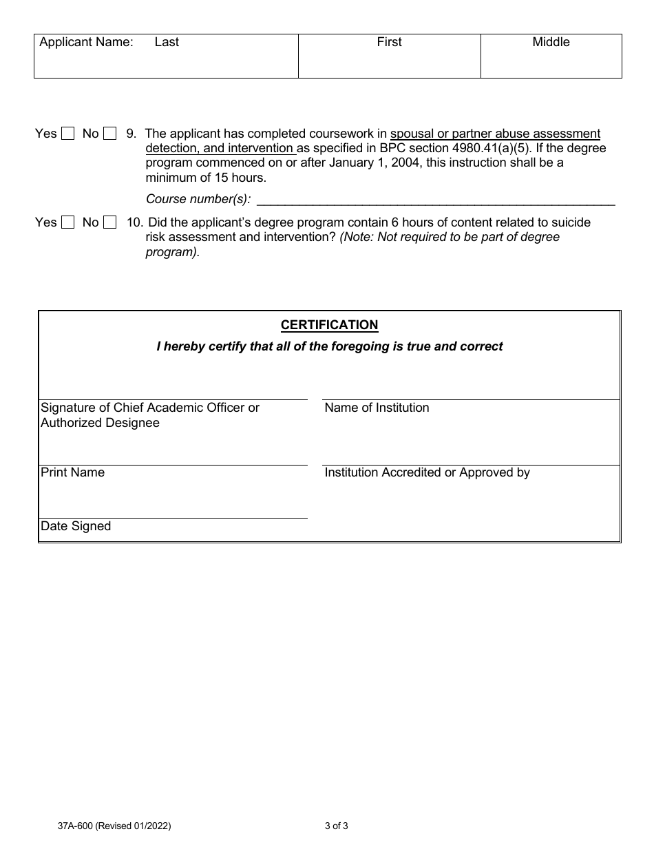 Form A (37A-600) Marriage and Family Therapist in-State Degree Program Certification - California, Page 3