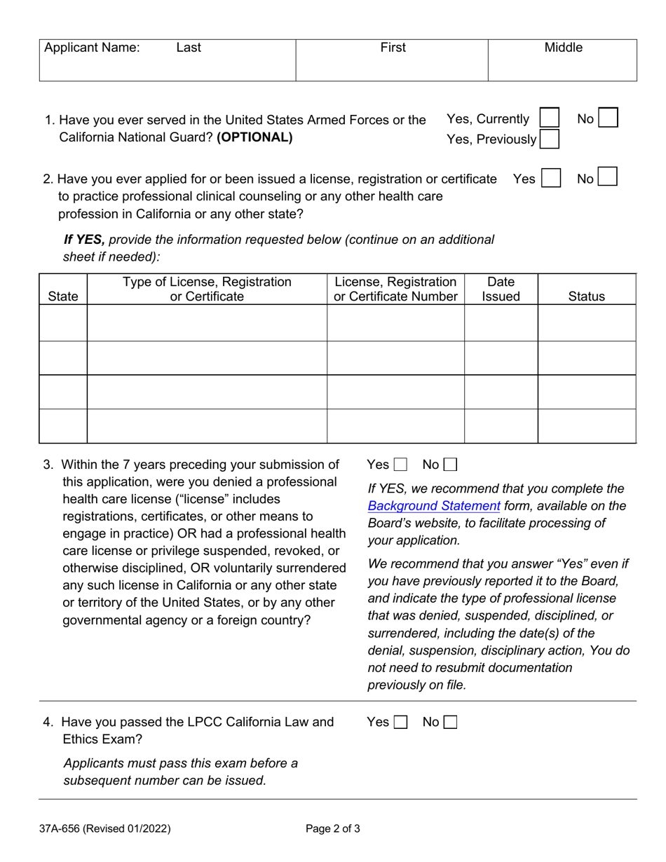 Form 37A-656 Application for Subsequent Associate Professional Clinical Counselor Registration - California, Page 4