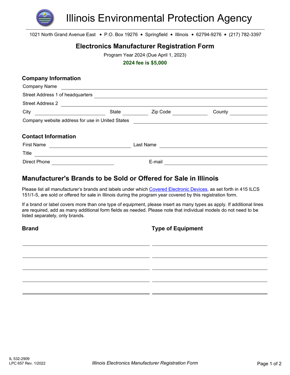 Form IL532-2909 (LPC657) Electronics Manufacturer Registration Form - Illinois, Page 1