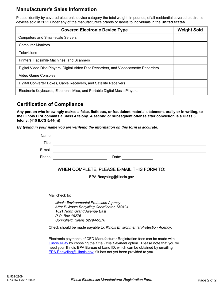 Form IL532-2909 (LPC657) Electronics Manufacturer Registration Form - Illinois, Page 2