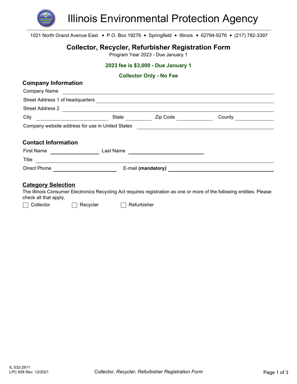 Form IL532-2911 (LPC658) Collector, Recycler, Refurbisher Registration Form - Illinois, Page 1