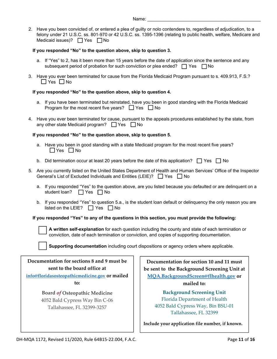 Form DH-MQA1172 Osteopathic Physician in Training Application for Initial or Renewal Registration - Florida, Page 11