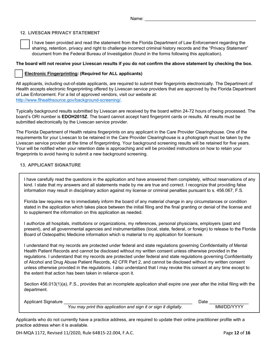 Form DH-MQA1172 Osteopathic Physician in Training Application for Initial or Renewal Registration - Florida, Page 12