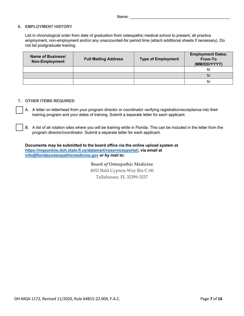 Form DH-MQA1172 Osteopathic Physician in Training Application for Initial or Renewal Registration - Florida, Page 7