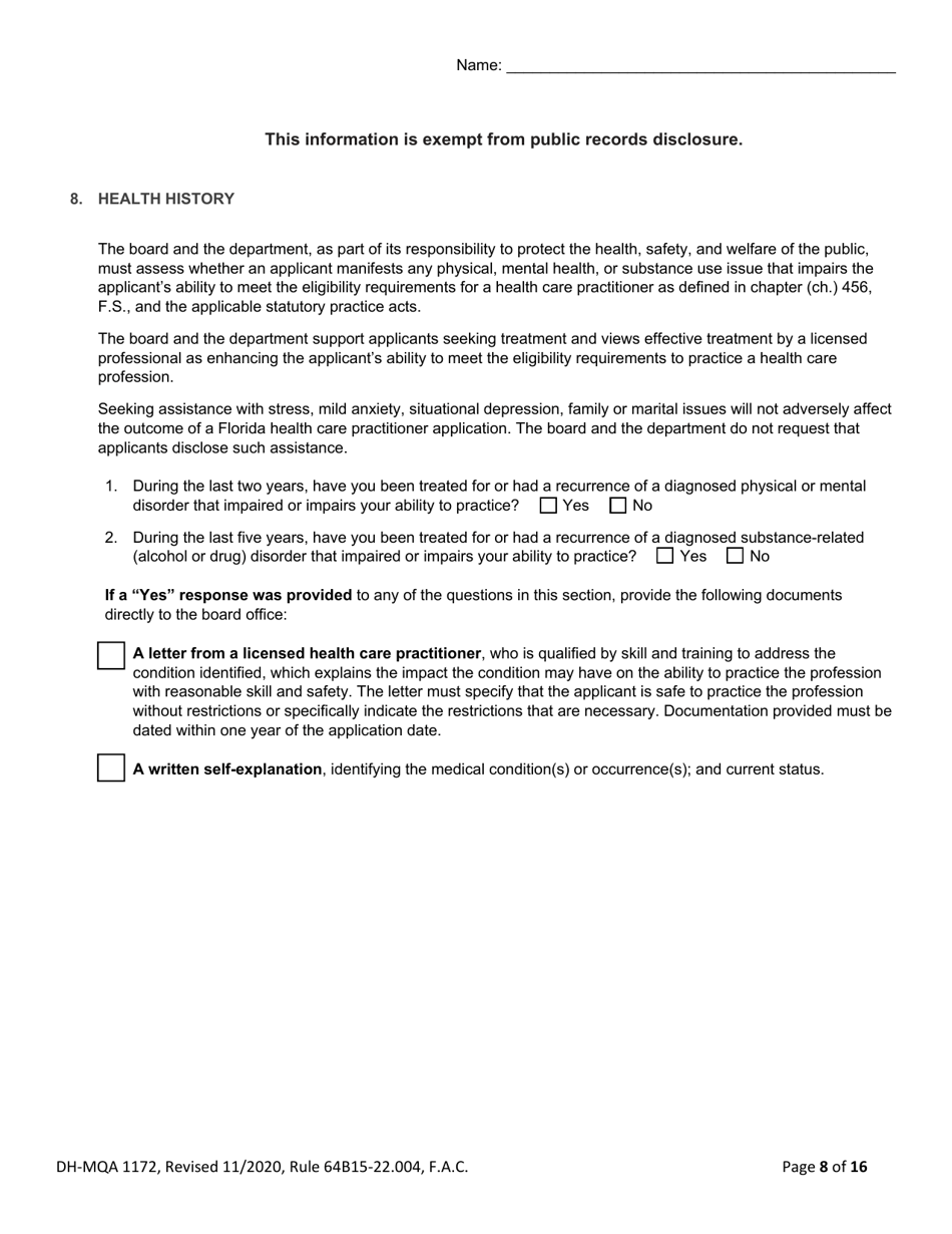 Form DH-MQA1172 Osteopathic Physician in Training Application for Initial or Renewal Registration - Florida, Page 8