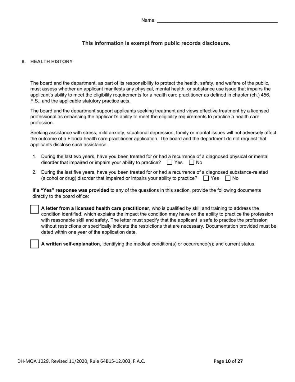 Form DH-MQA1029 Osteopathic Physician Application for Licensure - Florida, Page 10