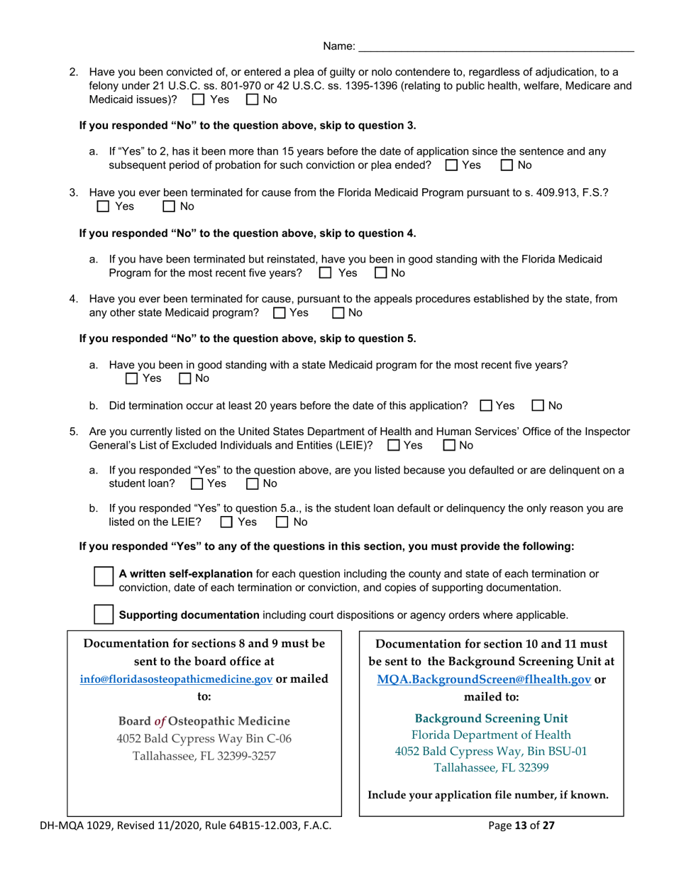 Form DH-MQA1029 Osteopathic Physician Application for Licensure - Florida, Page 13