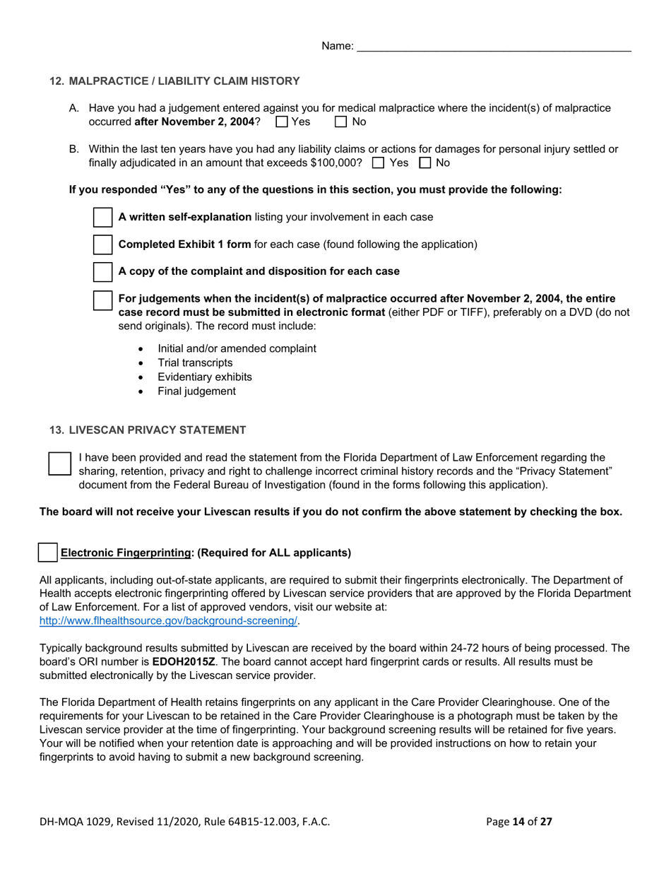 Form DH-MQA1029 Osteopathic Physician Application for Licensure - Florida, Page 14