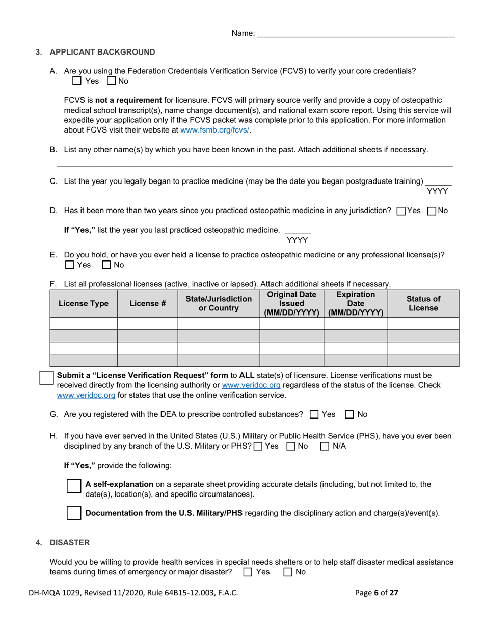 Form DH-MQA1029 Osteopathic Physician Application for Licensure - Florida, Page 6