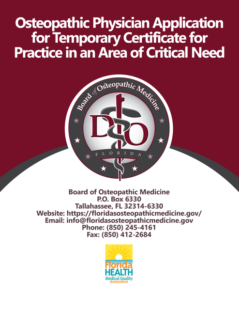 Form DH-MQA1249 Osteopathic Physician Application for Temporary Certificate for Practice in an Area of Critical Need - Florida