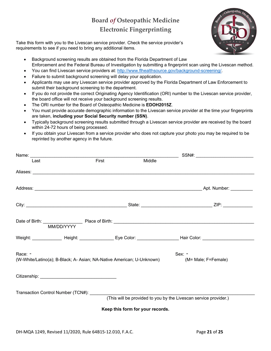 Form DH-MQA1249 Osteopathic Physician Application for Temporary Certificate for Practice in an Area of Critical Need - Florida, Page 21