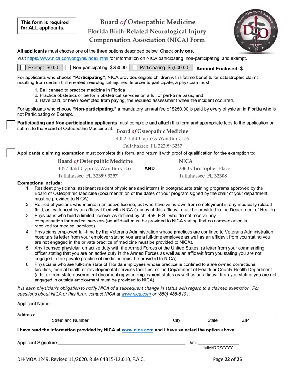 Form DH-MQA1249 Osteopathic Physician Application for Temporary Certificate for Practice in an Area of Critical Need - Florida, Page 22