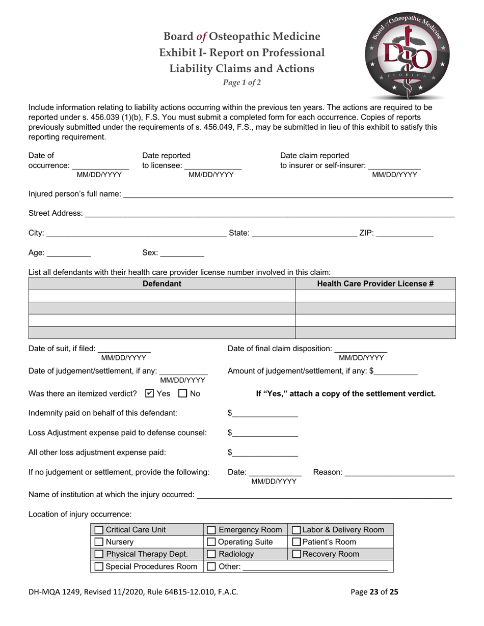 Form DH-MQA1249 Osteopathic Physician Application for Temporary Certificate for Practice in an Area of Critical Need - Florida, Page 23