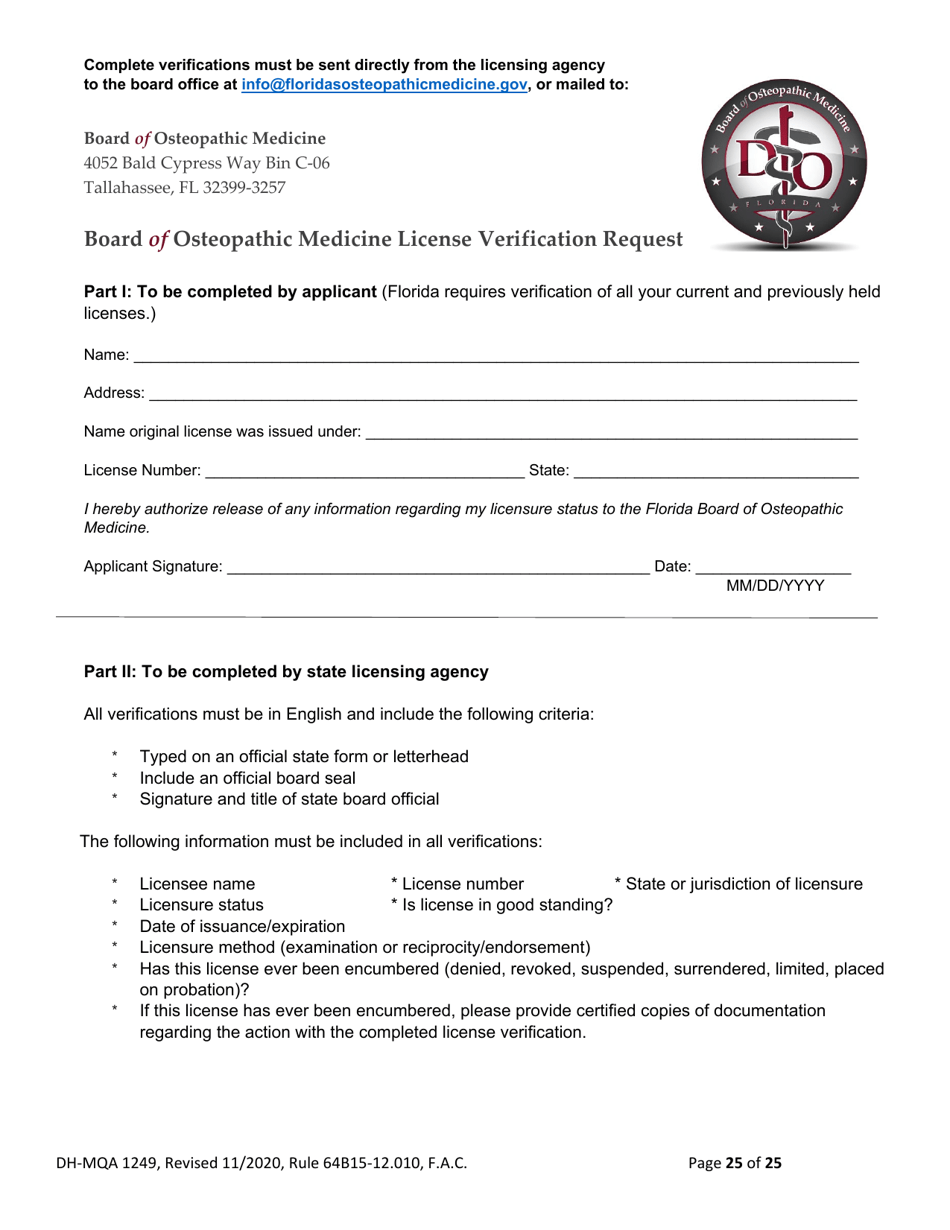 Form DH-MQA1249 Osteopathic Physician Application for Temporary Certificate for Practice in an Area of Critical Need - Florida, Page 25