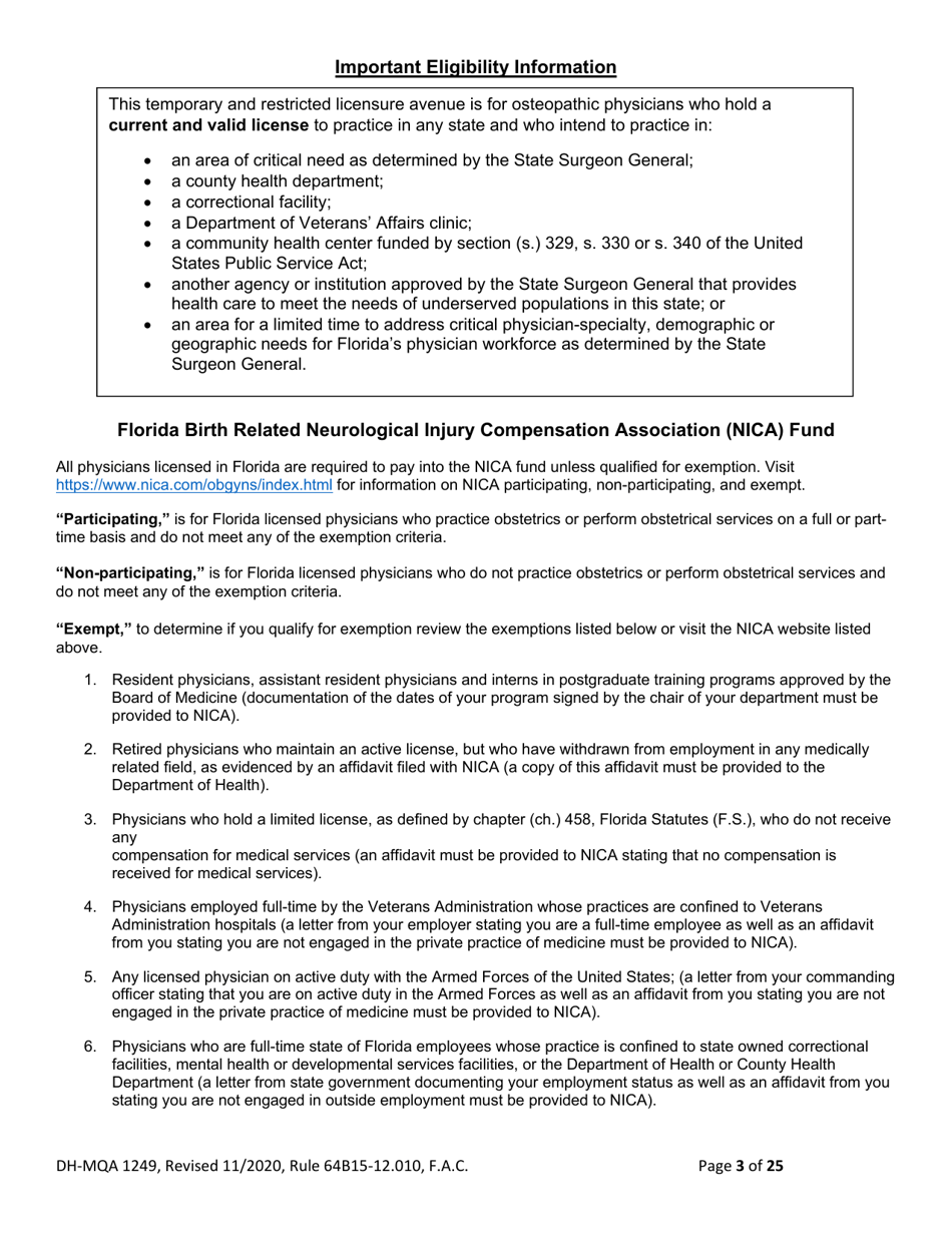 Form DH-MQA1249 Osteopathic Physician Application for Temporary Certificate for Practice in an Area of Critical Need - Florida, Page 3