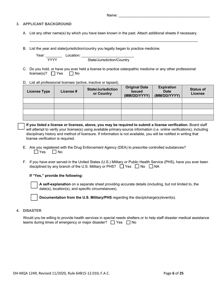 Form DH-MQA1249 Osteopathic Physician Application for Temporary Certificate for Practice in an Area of Critical Need - Florida, Page 6