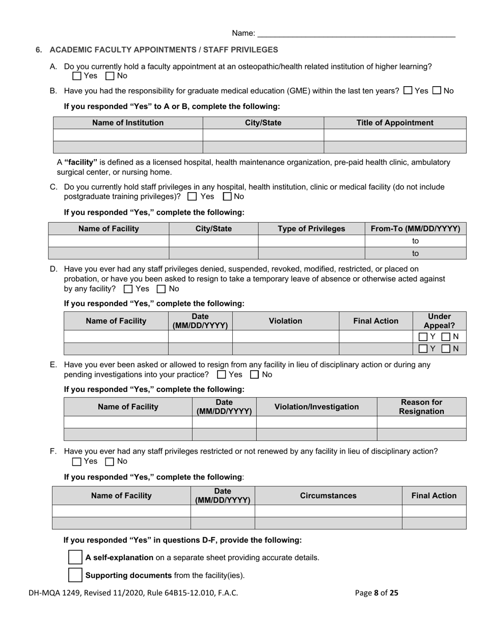 Form DH-MQA1249 Osteopathic Physician Application for Temporary Certificate for Practice in an Area of Critical Need - Florida, Page 8