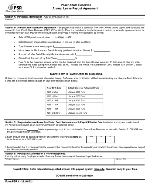 Document preview: Form PSR11-23 Peach State Reserves Annual Leave Payout Agreement - Georgia (United States)