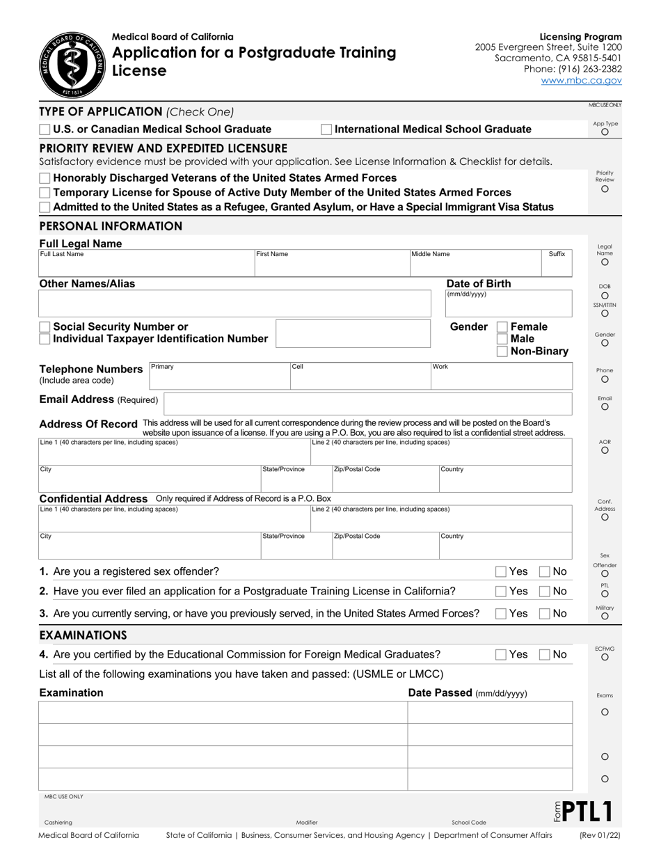 Form PTL Application for a Postgraduate Training License - California, Page 1