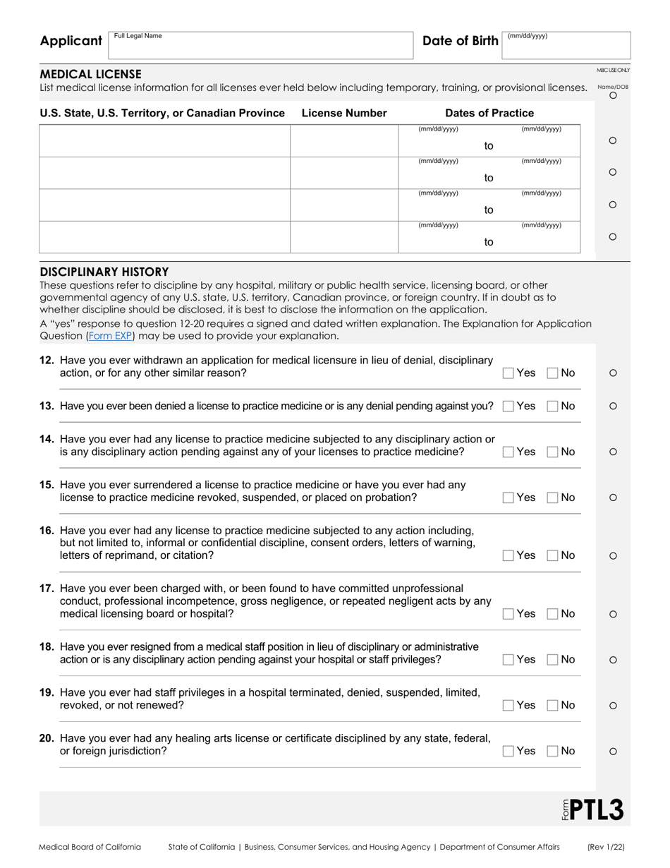 Form PTL Application for a Postgraduate Training License - California, Page 3